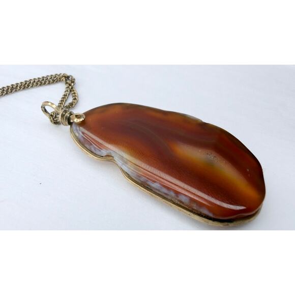Vintage 70s Natural Agate Slice Pendant Necklace Gold Tone 24" Long Chain - Picture 4 of 10